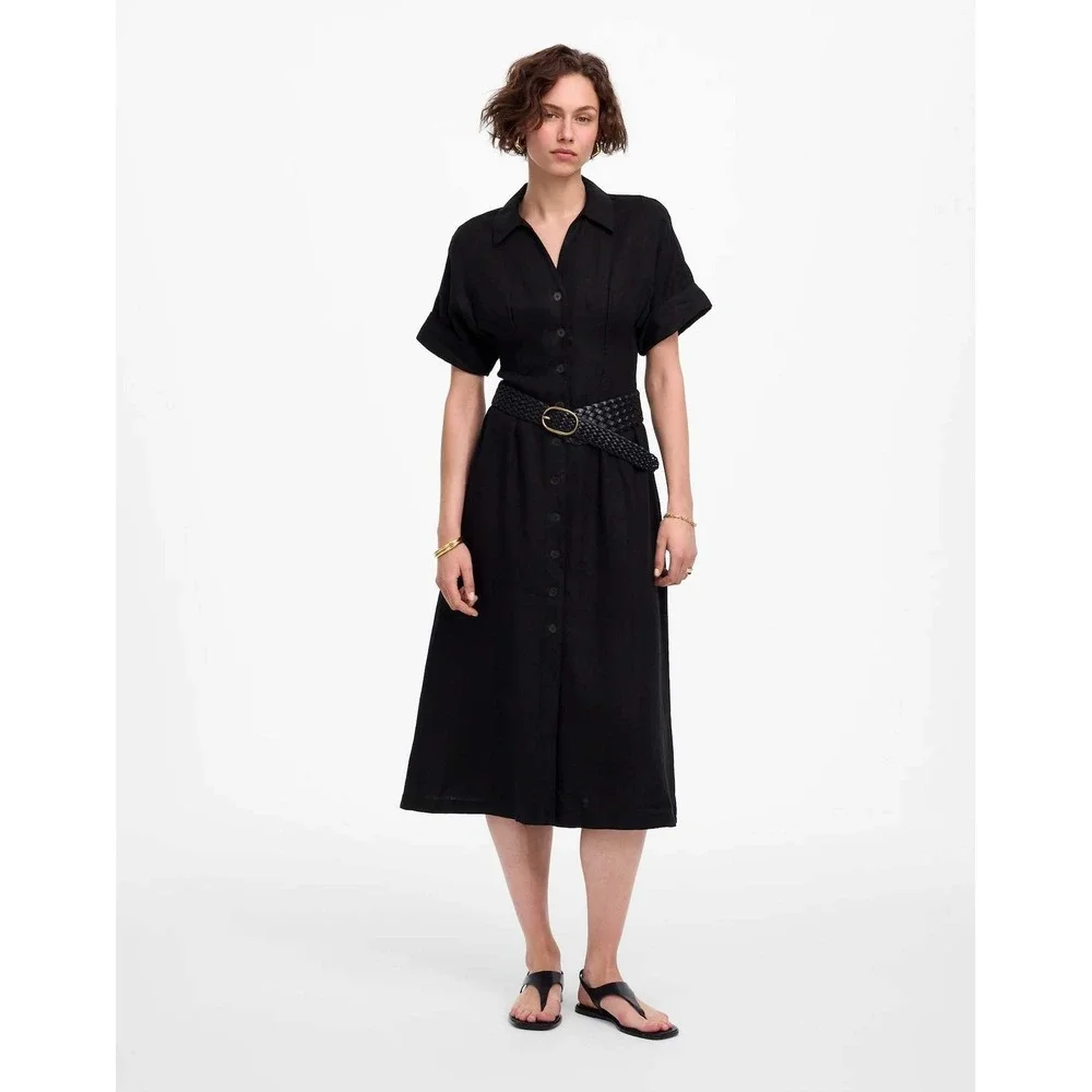 NWT Madewell Pleated Midi Shirtdress 100% Linen Black Button Front XL NU580